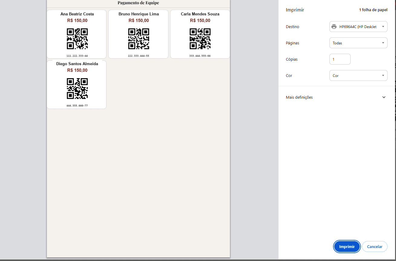 Painel de geração de QR Codes PIX por garçom